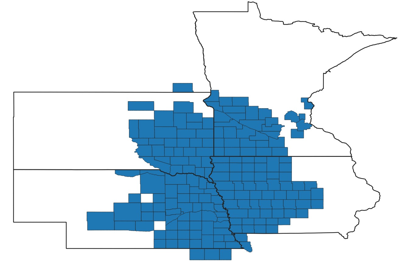 Heat map of counties with soybean gall midge detection from 2018-2022, across Minnesota, South Dakota, Nebraska, Iowa, and Missouri.